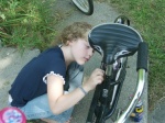 Ingrid working on her bike